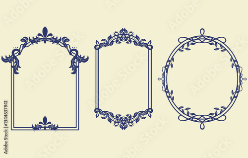 Blue vintage ornate border frames set. A vector collection of retro elegant decorative labels for greeting cards, weddings, invitations, certificates, and luxury packaging