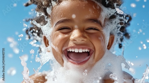 Child's joyful face covered in splashes