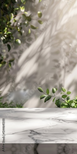 A white marble surface in an outdoor setting with sunlit greenery casting soft shadows on a light-colored wall, creating a bright and serene atmosphere.