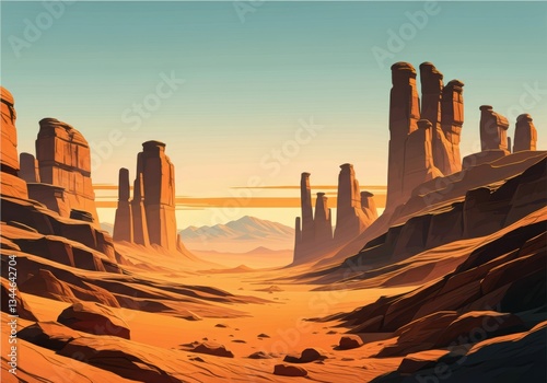 Stunning desert landscape with towering rock formations at sunset