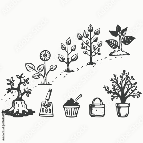 Summer landscape with life cycle of oak tree. Plant growing from seedling into tree vector illustrations set.