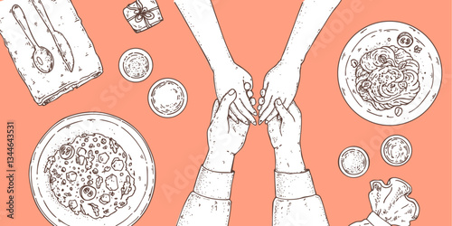 Romantic dinner sketch. Man and woman holding hands. Dinner table top view. Hand drawn vector illustration.