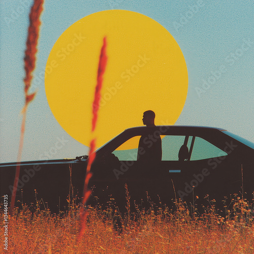 silhouette of a man and car at sunset retro