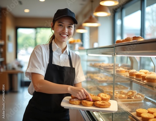 Happy young waitress in bakery fast food restaurant holds plate with pastry. Woman seller offers assortment of confectionery, cookies, baked goods on shelf. Food industry worker in uniform at work.