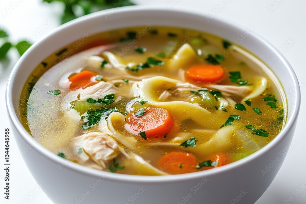 Hearty chicken noodle soup with fresh vegetables in a creamy broth on a white surface Hearty chicken noodle soup with fresh vegetables in a creamy broth on a white surface