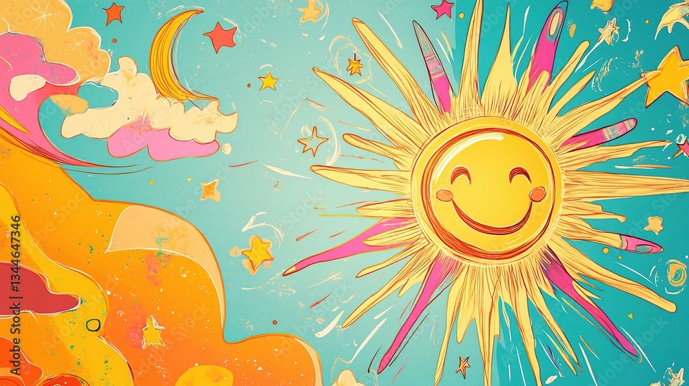 Fototapeta premium Cheerful Sunny Vibes in Abstract Groovy Hippie Style Artwork