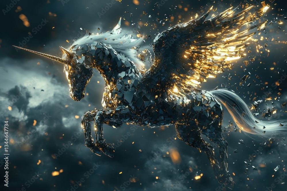 Fototapeta premium A fantastical flying horse with a golden glowing wings is depicted