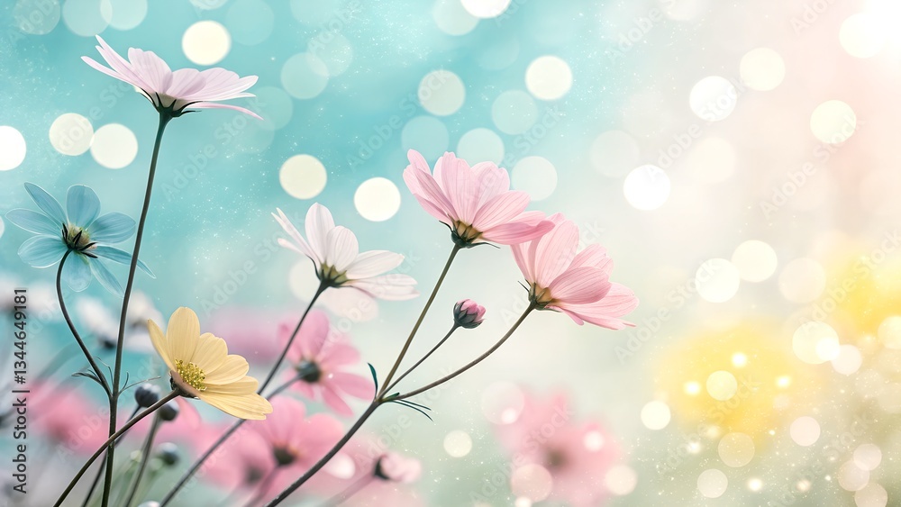 Fototapeta premium Delicate pastel flowers with soft bokeh lights in the background. Perfect for spring greeting cards, nature backgrounds and romantic design.