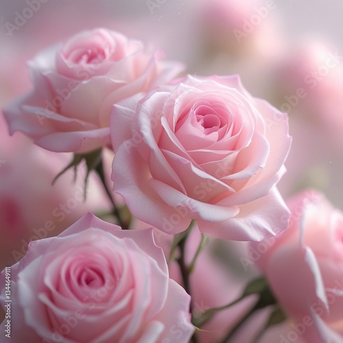 The image showcases a romantic close-up of pink roses in full bloom, adorned with delicate petals and a soft-focus effect, enhancing the ethereal ambiance with intricate details.