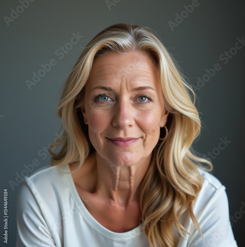 Close up portrait of a smiling middle aged woman with blonde hair wearing a white shirt against a neutral background.