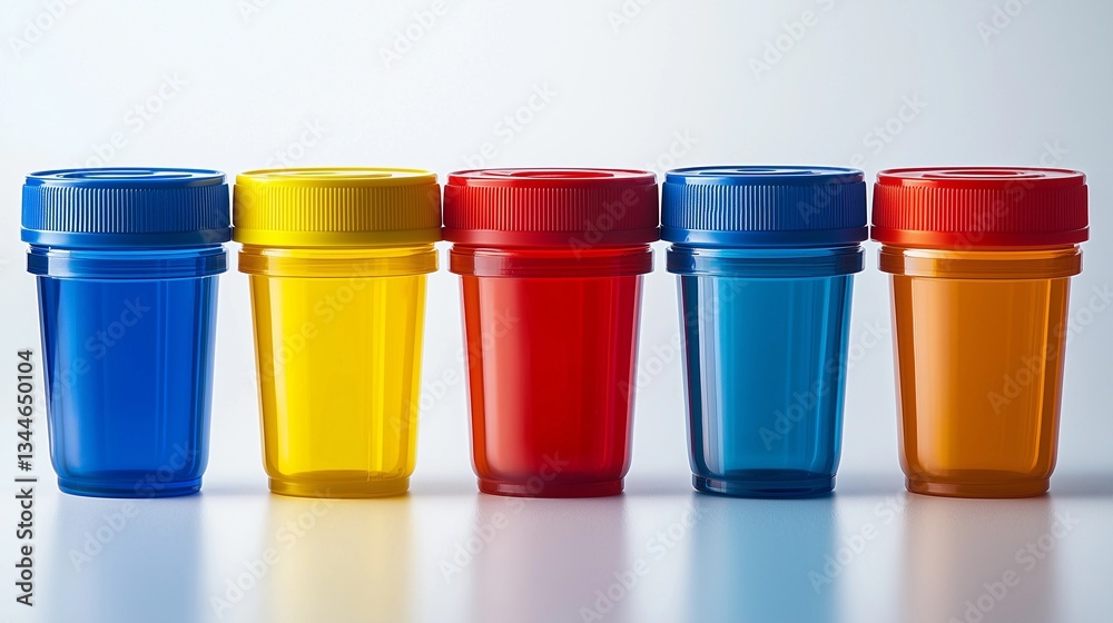Colorful plastic containers arranged in a line on a plain surface reflecting bright hues of blue, yellow, red, and orange Colorful plastic containers arranged in a line on a plain surface reflecting bright hues of blue, yellow, red, and orange