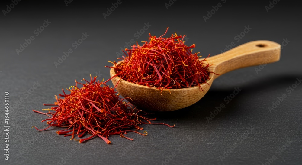 Fototapeta premium Delicious saffron threads in a wooden spoon on dark background for flavoring food, adding color and aroma to cuisine, promoting wellness