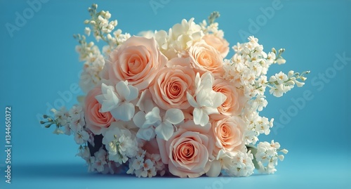 Wedding Bouquet With Pink and White Roses on a Blue Background in Soft Light