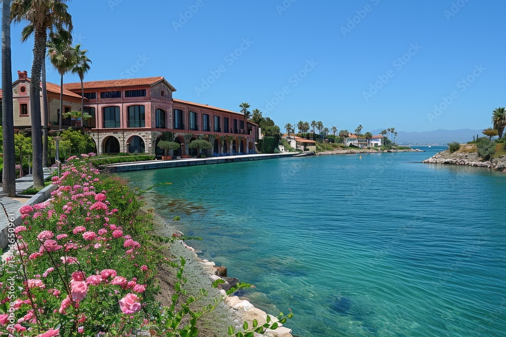 Obraz premium A beautiful building and flowers beside a serene blue lagoon