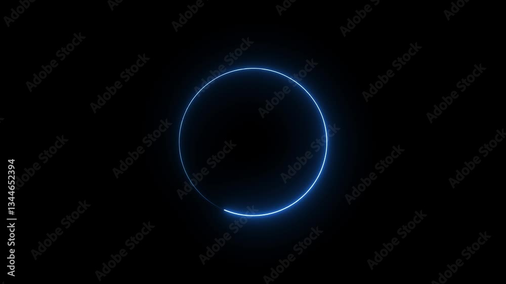 Neon line circle.Blue neon light animated glowing border. Stylish neon frame.Circle shape frame blue color glowing on black background.4k