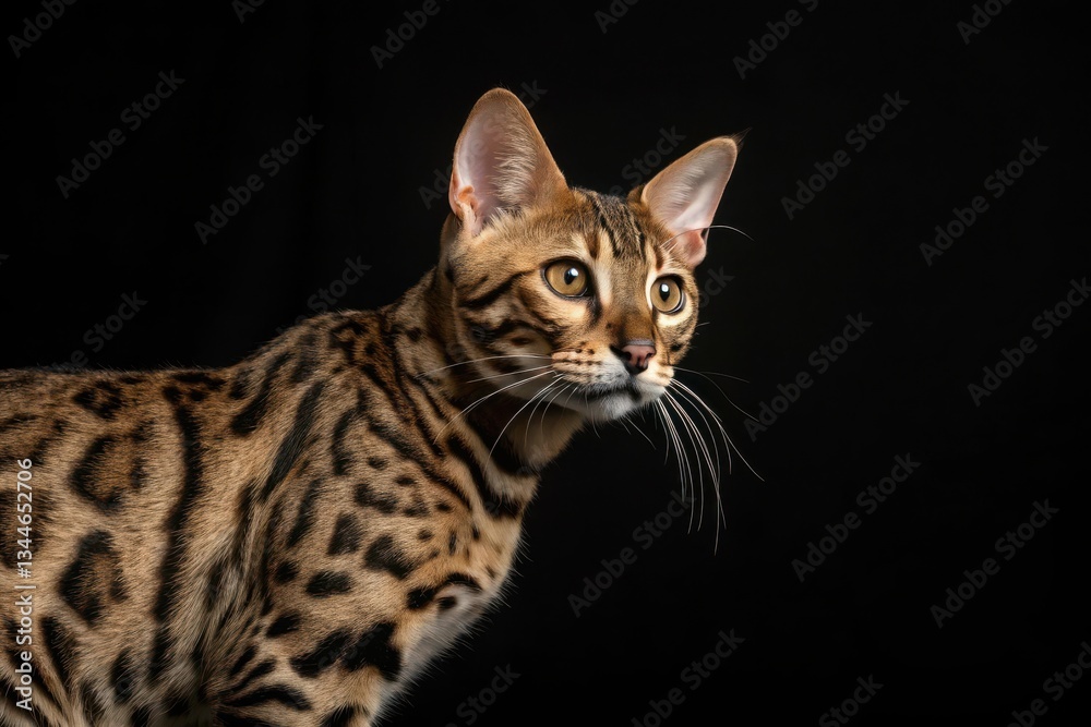 Obraz premium Bengal Cat's Intention: A sleek bengal cat with captivating gaze and spotted coat stands out elegantly in front of the dark background, exuding an aura of curiosity.