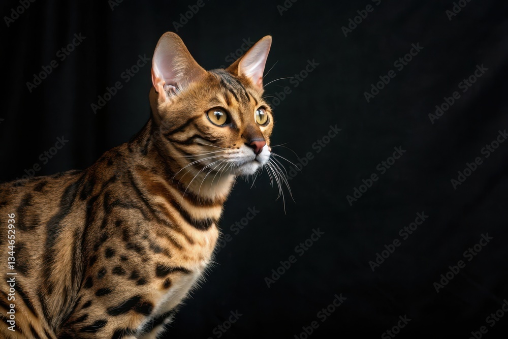 Obraz premium Bengal Cat's Striking Gaze: A majestic Bengal cat with a distinctive spotted coat and piercing golden eyes poses gracefully against a black background, showcasing its beauty and elegance.