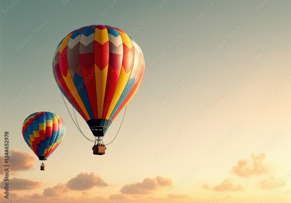 Naklejka premium Colorful hot air balloons soaring in a clear sky at sunset