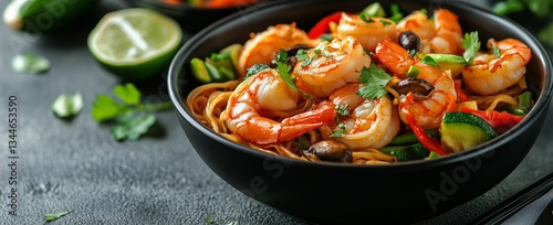 Delicious Shrimp Stir Fry With Vegetables Served in a Black Bowl With Fresh L...