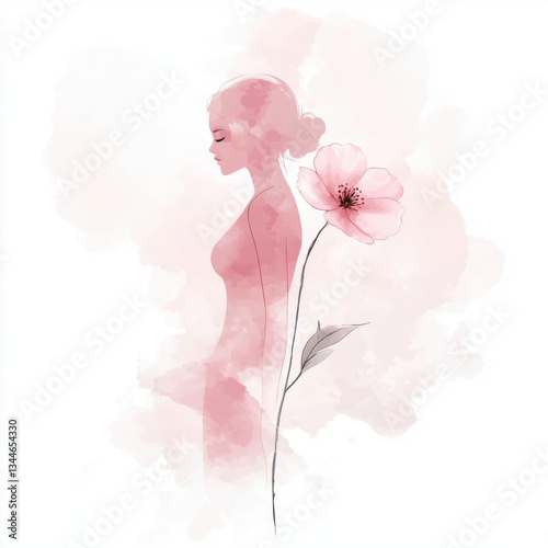 Modern drawing of a tender female silhouette with spring flower. Light pink watercolor accent, minimalist style, elegant and clean composition.