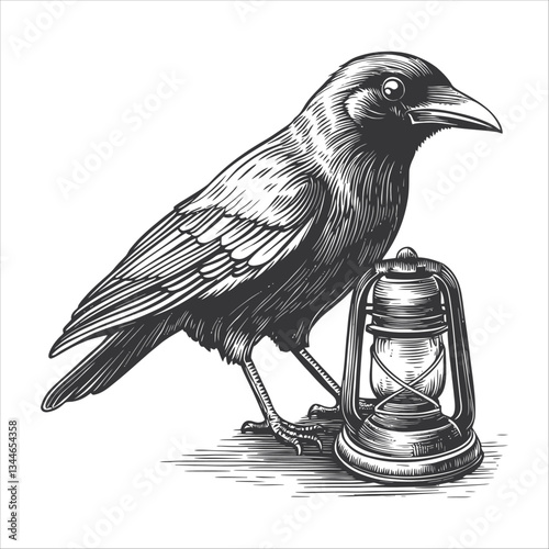 Detailed Black And White Illustration Of A Raven With Lantern