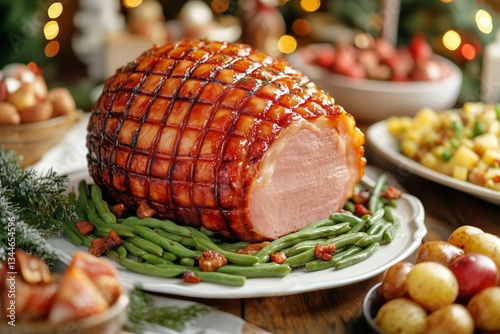 Holiday Feast Featuring Glazed Ham Surrounded by Festive Side Dishes and Deco...