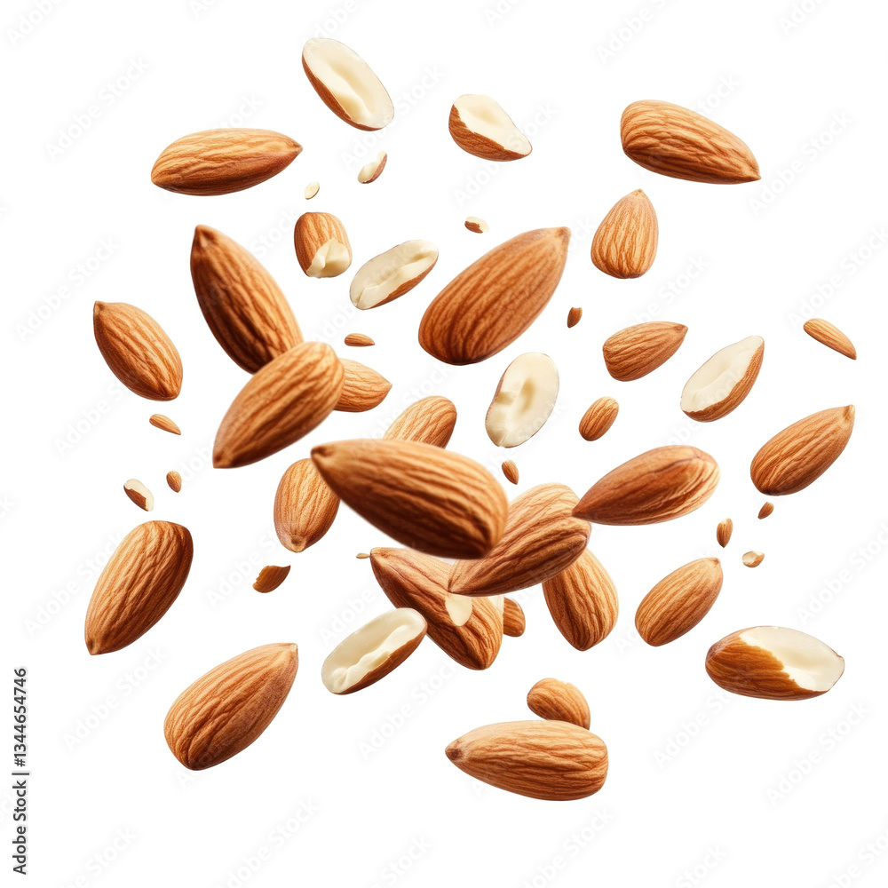 Almonds falling in a whtie background Almonds falling in a whtie background