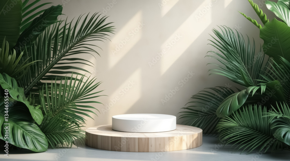 Fototapeta premium pristine white cylindrical display sits on a circular wooden platform surrounded by lush green tropical foliage.
