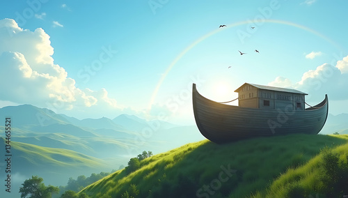 Mount Ararat with the Ark at rest as the floodwaters subside