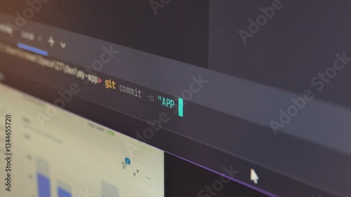 A close-up shot of a computer screen displaying a developer typing the Git commit command to finalize an application update in a terminal. Typing 