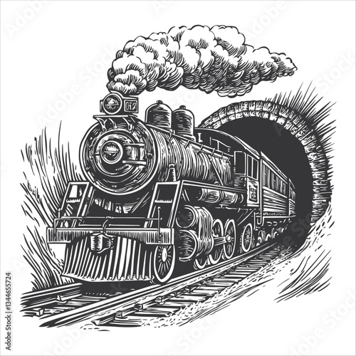 Vintage Steam Locomotive Entering Dark Tunnel with Smoke and Wheels