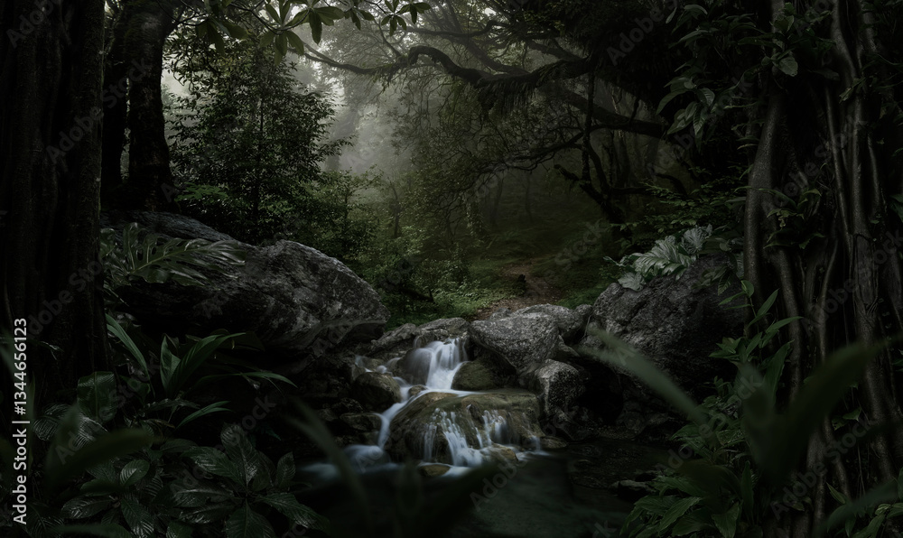 Sunlight streaming through the dense foliage of a tropical rainforest Sunlight streaming through the dense foliage of a tropical rainforest