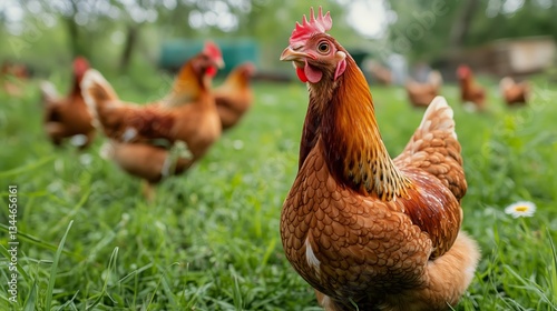Free-range Brown Chickens Roaming in a Sunny Green Field During Warm Daylight