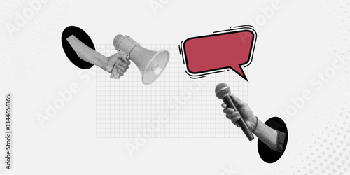 halftone collage of vector illustration of a megaphone and microphone, concept of speaking and communication or announcement. 