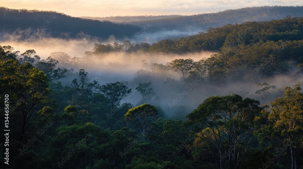 Serene Sunrise Over Misty Forest Landscape with Golden Light and Lush Green Trees in Australia Serene Sunrise Over Misty Forest Landscape with Golden Light and Lush Green Trees in Australia