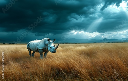 Rhino Standing in Golden Grass Under Ominous Stormy Sky in Desert Landscape