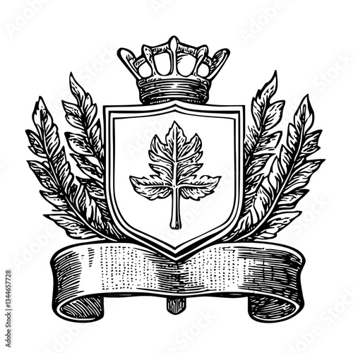 Intricate engraved illustration of a regal crest featuring a crowned shield adorned with a leaf and surrounded by elegant foliage