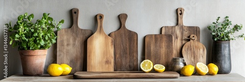 Rustic Kitchen Cutting Boards with Lemons and Herbs - A rustic kitchen scene featuring a collection of wooden cutting boards, lemons, and potted herbs, arranged on a wooden surface