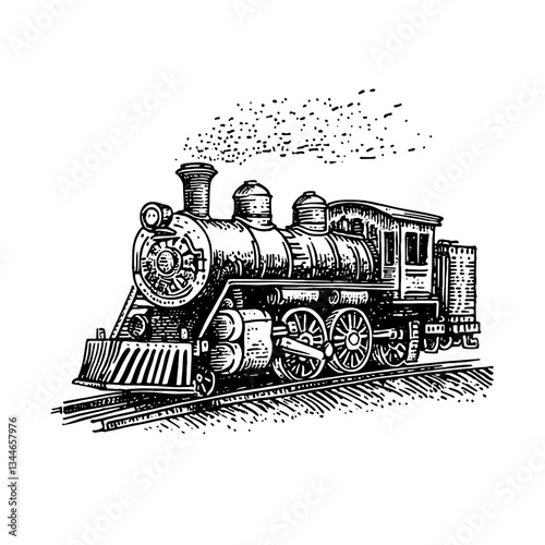Vintage engraved illustration of a classic steam locomotive traveling along its tracks