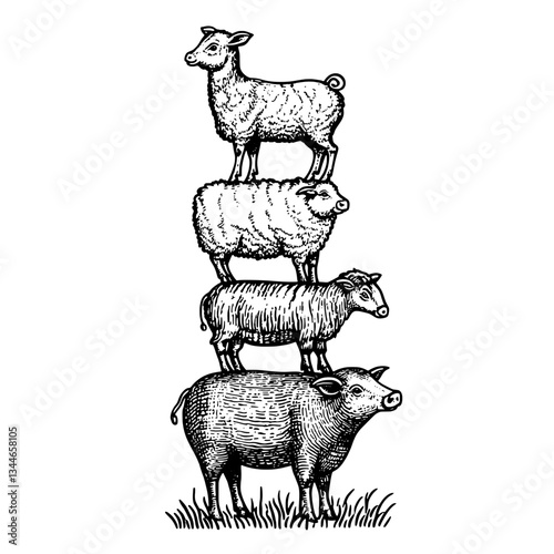Unique engraved illustration of animals stacked playfully in a vintage style, perfect for tattoo or design enthusiasts