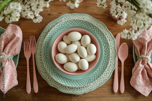 Festive Table Setting With Decorative Eggs and Fresh Flowers for Spring Celeb...