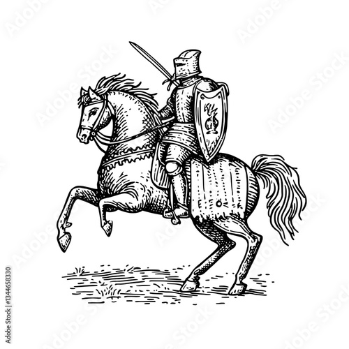 Engraved knight on horseback with sword drawn, showcasing vintage tattoo design inspiration and intricate detailing