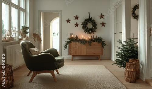 Holiday Decor in a Cozy Living Room Featuring a Christmas Tree and Festive At...