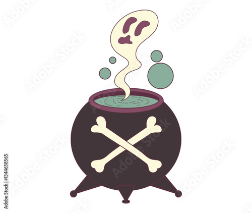 Cartoon Witch Cauldron With Green Potion and Floating Ghostly Vapor