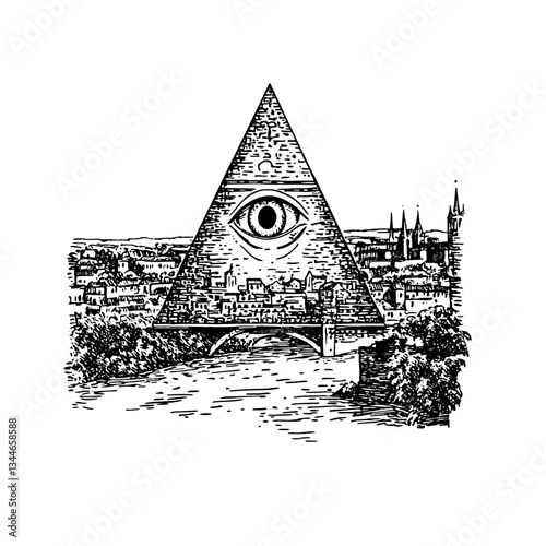 Engraved illustration of an enigmatic pyramid over a vintage cityscape by the river