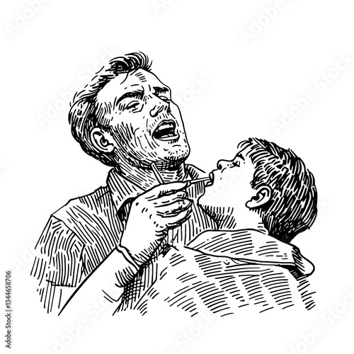Engraved illustration of a vintage doctor examining a child with a tongue depressor in a timeless medical setting