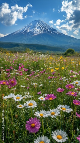 Colorful Wildflower Field With Mountains and Clouds at Sunset in the Background
