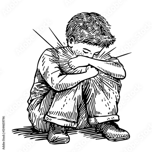 Thoughtful boy in an intricate hand-drawn vintage engraving displaying deep emotions and reflective solitude