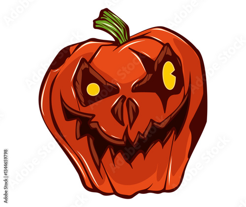 Scary Halloween Pumpkin Illustration with Glowing Eyes and Evil Grin
