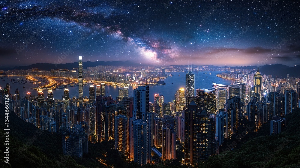 Obraz premium Night View of Hong Kong Skyline Under Milky Way Stars